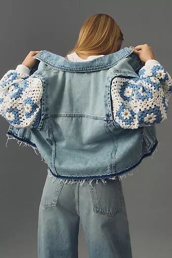 Boho Crochet Sleeve Denim Jacket