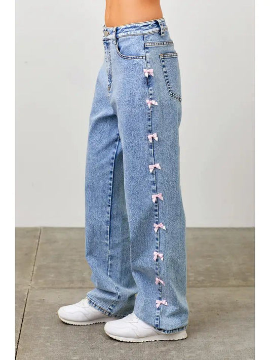 Wide Leg Jeans with Side Pink Bows